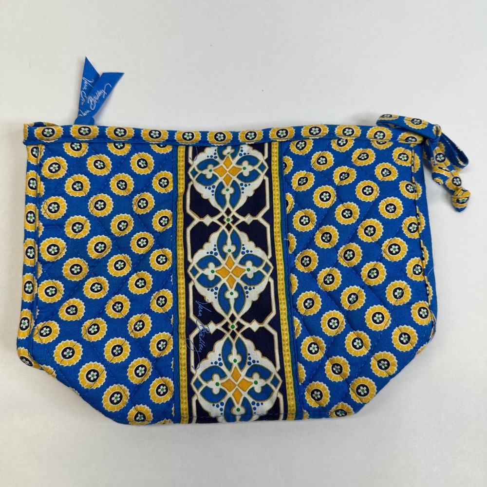 Vera Bradley Riviera Blue Quilted Cosmetic Bag Blue Yellow Sunflower Pouch